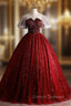 Burgundy Sequins V-neck Puff Sleeve Quinceanera Dress