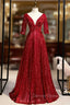 Burgundy Sequins V-neck Short Sleeve Appliques Prom Dress