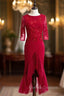 Burgundy Sheath Satin Tulle Appliques Short Sleeve Short Prom Dress