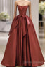 Burgundy Strapless Satin Long Prom Dress, Beautiful A-Line Evening Party Dress