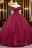 Burgundy Sweet 16 Formal Gown with Lace, Off the Shoulder Prom Dress Party Dress