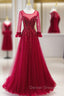 Burgundy Tulle Appliques Beading Backless Prom Dress