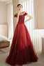 Burgundy Tulle Beaded Long Formal Dress, Spaghetti Straps A-Line Prom Dress