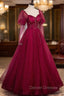 Burgundy Tulle Beaded Long Sleeve Prom Dress, A-Line Evening Graduation Dress