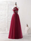 Burgundy Tulle Beads Long Prom Dress Burgundy Evening Dress