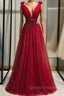 Burgundy Tulle Deep V-neck Backless Beading Prom Dress