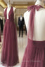 Burgundy Tulle Halter Deep V-neck Backless Prom Dress