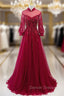 Burgundy Tulle High Neck Long Sleeve Appliques Prom Dress