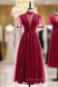 Burgundy Tulle High Neck Short Sleeve Prom Dress