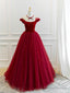 Burgundy tulle lace long prom dress, burgundy tulle evening dress