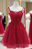 Burgundy Tulle Lace Spaghetti Straps Beading Homecoming Dress