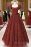 Burgundy Tulle Long A-Line Prom Dress, Cute Short Sleeve Evening Dress