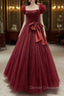 Burgundy Tulle Long A-Line Prom Dress, Lovely Evening Graduation Dress