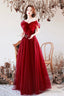 Burgundy Tulle Long A-Line Prom Dress With Bow, Burgundy Evening Graduation Dress