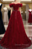 Burgundy Tulle Off Shoulder Long Prom Dress, Burgundy Evening Dress
