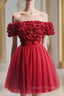 Burgundy Tulle Off the Shoulder 3D Flower Homecoming Dress