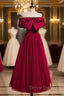 Burgundy Tulle Off the Shoulder Prom Dress