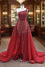 Burgundy Tulle One Shoulder Beading Prom Dress