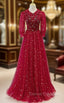 Burgundy Tulle Sequins Beading Short Sleeve Prom Dress