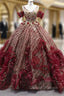 Burgundy Tulle Sequins Flower V-neck Prom Dress