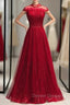 Burgundy Tulle Sequins High Neck Cap Sleeve Prom Dress