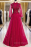 Burgundy Tulle Sequins Long Sleeve High Neck Beading Prom Dress