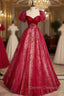 Burgundy Tulle Sequins Puff Sleeve Prom Dress