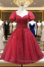 Burgundy Tulle Sequins Short Sleeve Beading Homecoming Dress