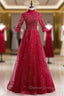 Burgundy Tulle Sequins Short Sleeve Beading Prom Dress