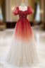 Burgundy Tulle Sequins Short Sleeve Square Beading Prom Dress