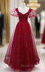 Burgundy Tulle Sequins Square Beading Prom Dress
