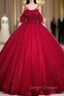 Burgundy Tulle Sequins Straps Flower Quinceanera Dress