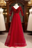 Burgundy Tulle Sequins V-neck Short Sleeve Prom Dress