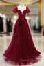 Burgundy Tulle Short Sleeve Backless Pleats Prom Dress
