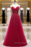 Burgundy Tulle Spagehtti Straps Beading Prom Dress