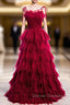 Burgundy Tulle Spagehtti Straps Pleats Tiers Prom Dress