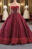 Burgundy Tulle Strapless Beading Feather Prom Dress