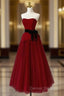 Burgundy Tulle Strapless Tea Length Prom Dress
