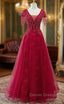 Burgundy Tulle V-neck Cap Sleve Beading Prom Dress