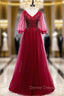 Burgundy Tulle V-neck Puff Sleeve Beading Prom Dress