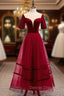 Burgundy Tulle Velvet Short Sleeve Ankle Length Prom Dress