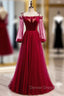 Burgundy Tulle Velvet Spaghetti Straps Long Sleeve Prom Dress