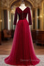 Burgundy Tulle Velvet V-neck 3/4 Sleeve Prom Dress
