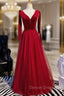 Burgundy Tulle Velvet V-neck Beading Prom Dress With Bow