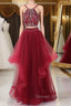 Burgundy two pieces beads long prom Dress, burgundy evening Dress