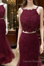 Burgundy Two Pieces Lace Tulle Long Prom Dress