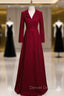 Burgundy V-neck Long Sleeve Prom Dress