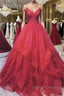 Burgundy v neck tulle long prom Dress tulle formal Dress