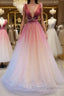 Burgundy v neck tulle sequin long prom Dress burgundy evening Dress