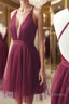 Burgundy v neck tulle short prom Dress burgundy homecoming Dress